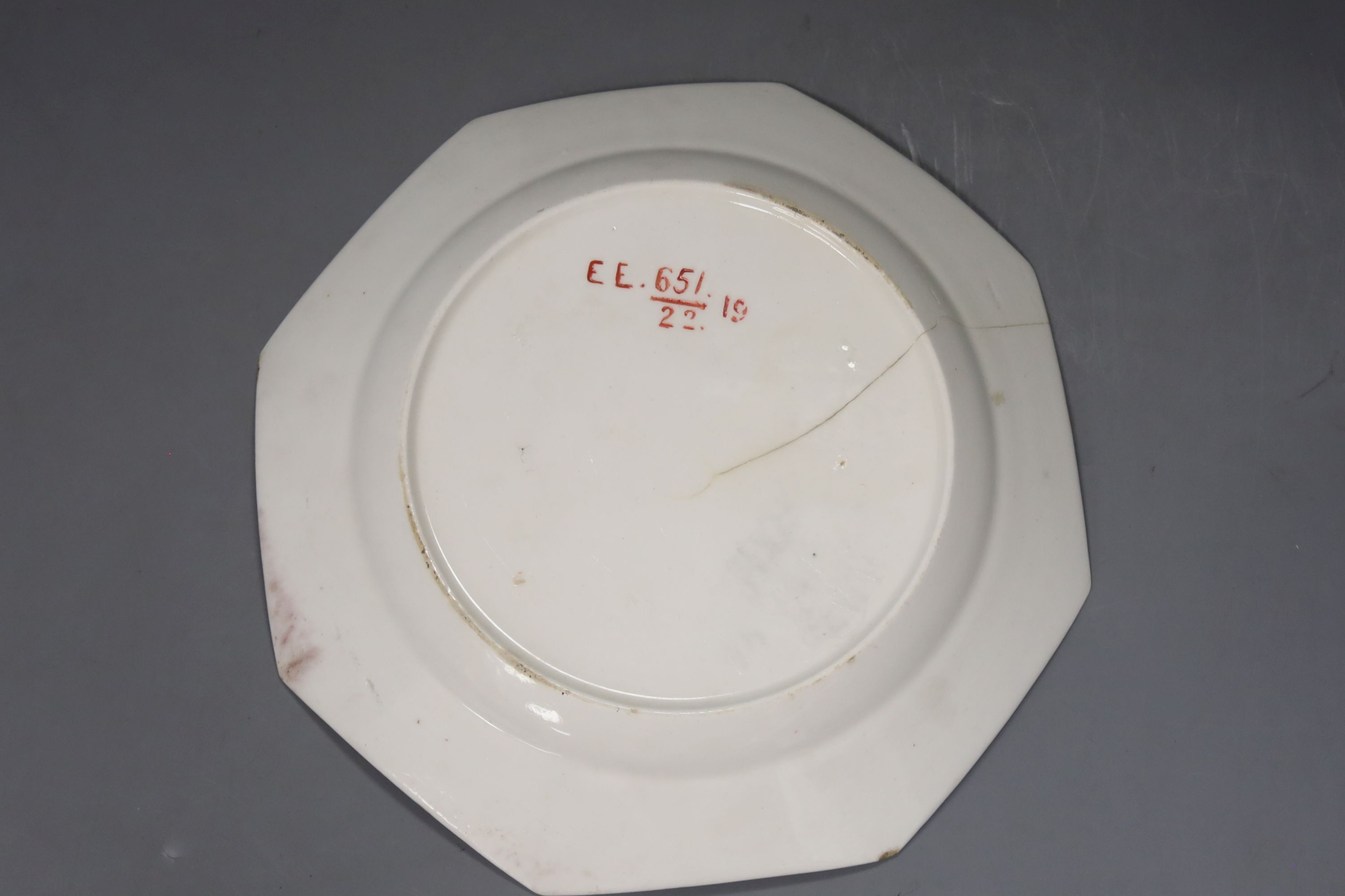 A Bow octagonal plate painted with the two quail pattern, c.1758, 21.5cm